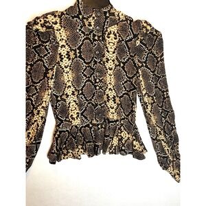 Olivaceous S brown snakeskin print padded‎ shoulders flared peplum hem feminine